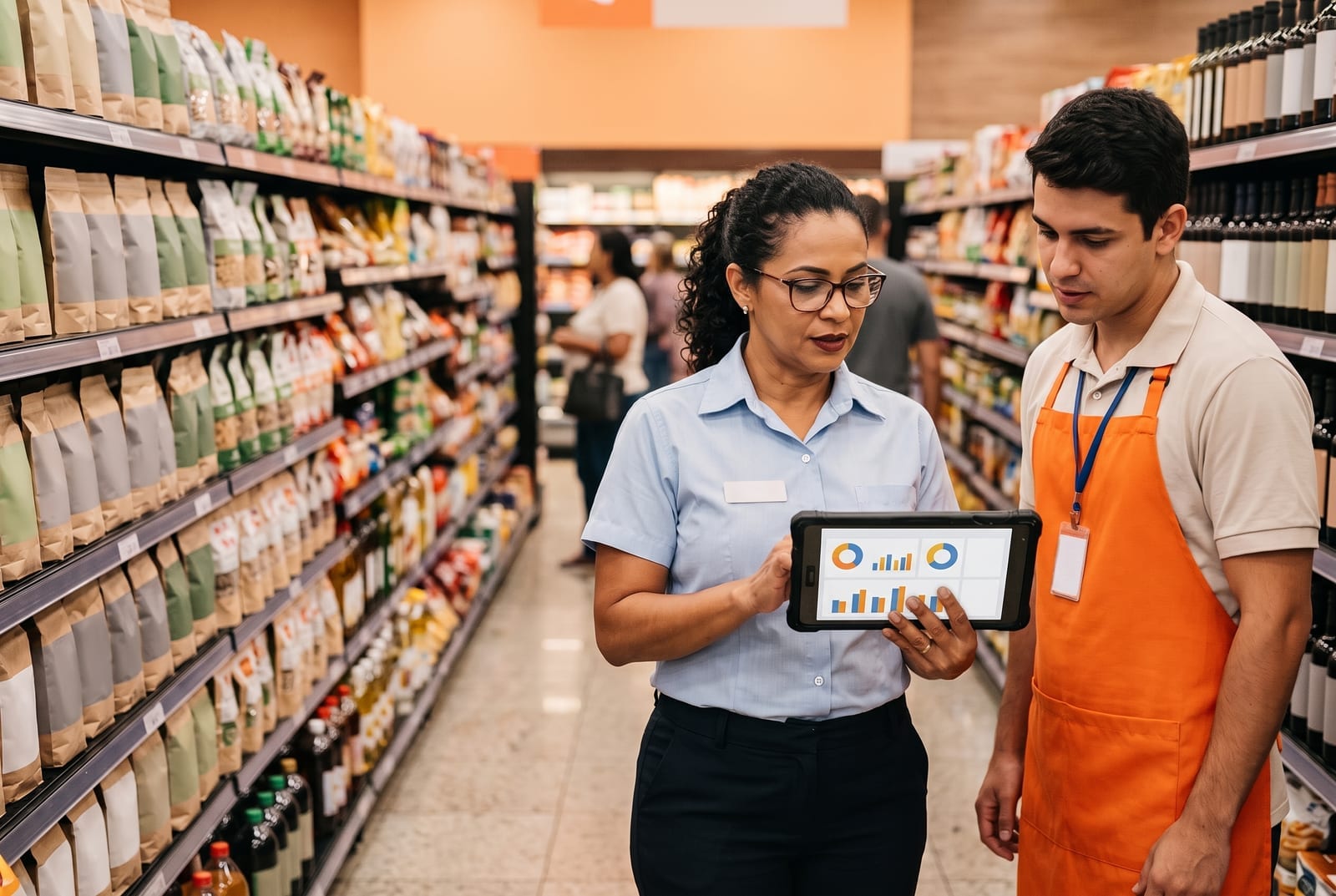 Gerente de supermercado mostra um painel de indicadores em um tablet para um colaborador no salão da loja.